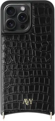 AVY Apple iPhone 15 Pro Max Hoesje met Koord Haakjes MagSafe Leer Croco Zwart afbeelding