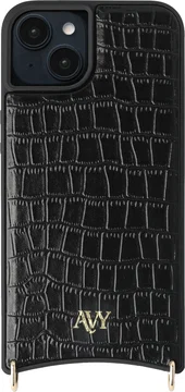 AVY Apple iPhone 14 / 13 Hoesje met Koord Haakjes MagSafe Leer Croco Zwart