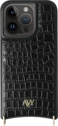 AVY Apple iPhone 14 Pro Max Hoesje met Koord Haakjes MagSafe Leer Croco Zwart afbeelding