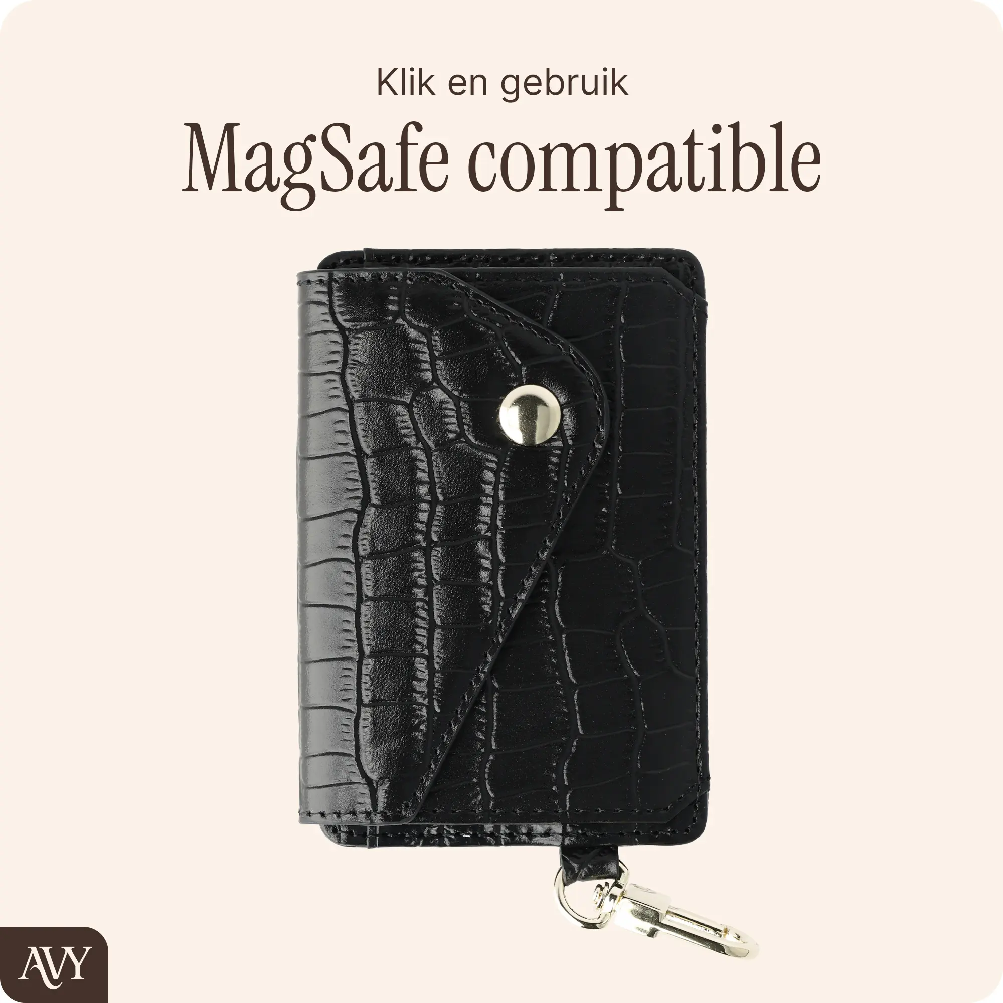 AVY MagSafe Kaarthouder / Pasjeshouder met Drukknoop en Haakje Leer Croco Zwart afbeelding 5