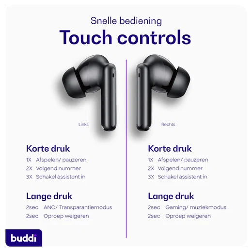 Duo Pack Buddi Pulse Draadloze Oordopjes Noise Cancelling ANC + ENC Zwart afbeelding 8