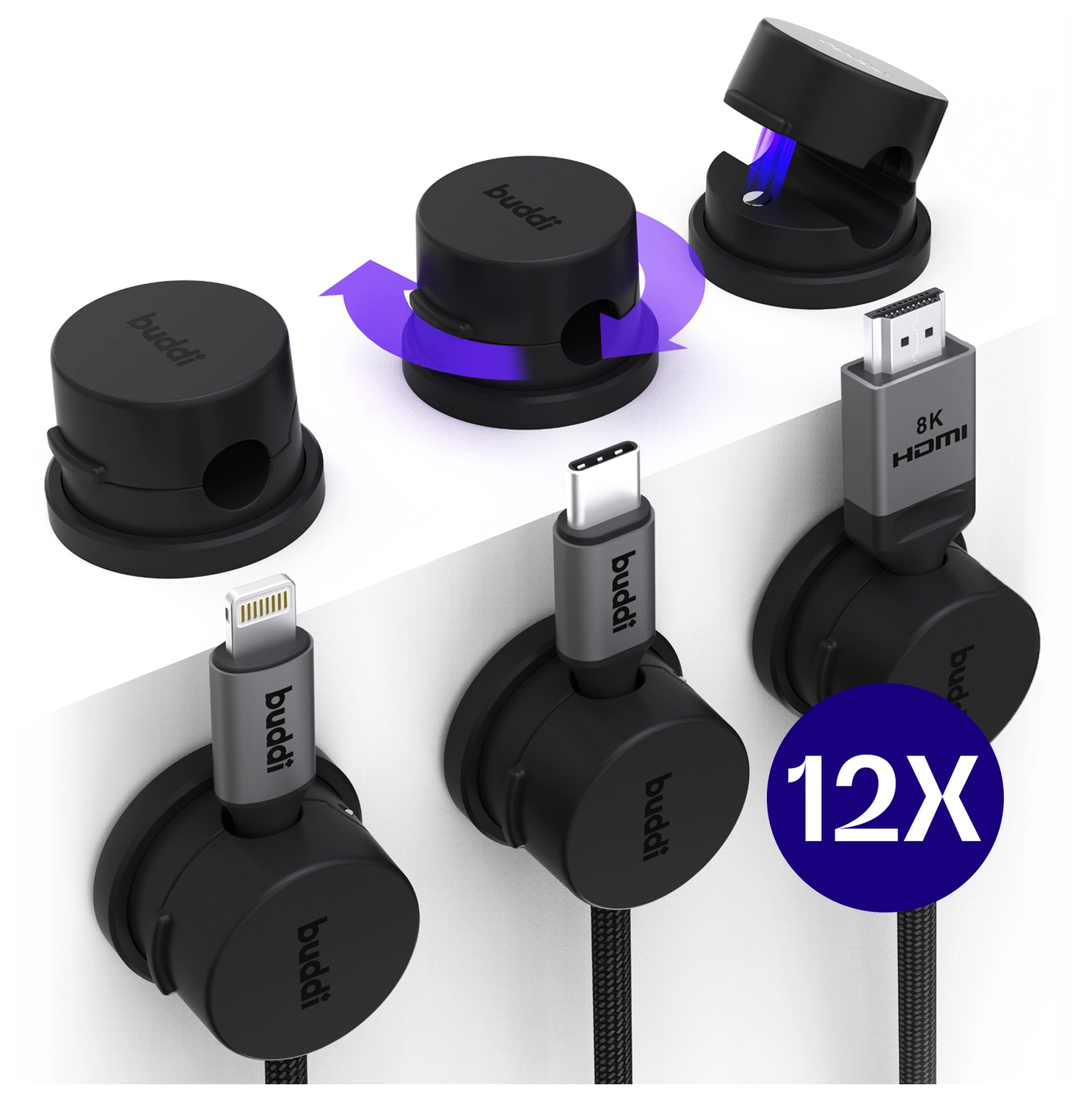 Buddi Sorted Magnetische Kabelclip Organizer voor Bureau en Nachtkastje 12-Pack afbeelding 1