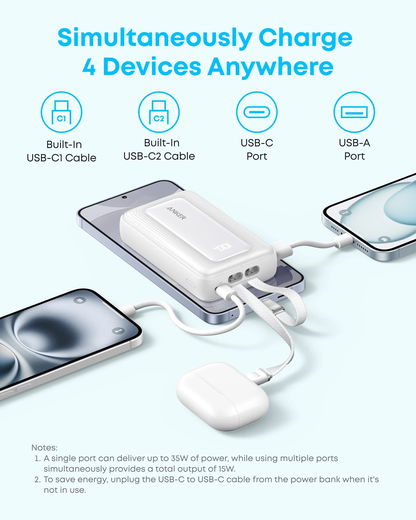 Anker Zolo (35W) 10.000 mAh Powerbank met 2 Ingebouwde MFi USB-C Kabels Zwart afbeelding 5