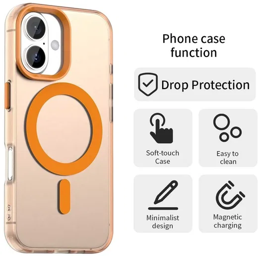 Apple iPhone 16 Plus Hoesje MagSafe Backcover Semi-Transparant & Oranje afbeelding 6