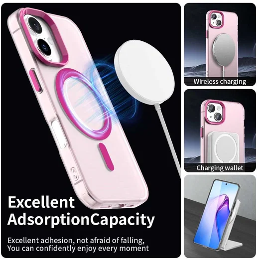 Apple iPhone 16 Hoesje MagSafe Backcover Semi-Transparant & Roze afbeelding 5