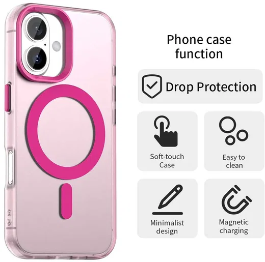 Apple iPhone 16 Hoesje MagSafe Backcover Semi-Transparant & Roze afbeelding 6