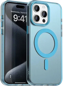 Apple iPhone 15 Pro Max Hoesje MagSafe Backcover Semi-Transparant & Blauw