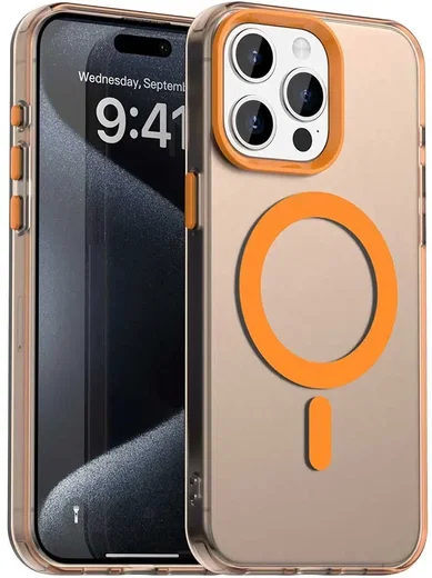 Apple iPhone 15 Pro Hoesje MagSafe Backcover Semi-Transparant & Oranje afbeelding 1