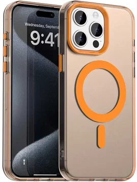 Apple iPhone 15 Pro Hoesje MagSafe Backcover Semi-Transparant & Oranje