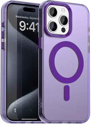 Apple iPhone 15 Pro Hoesje MagSafe Backcover Semi-Transparant & Paars afbeelding 1