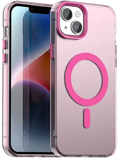 Apple iPhone 14 / 13 Hoesje MagSafe Backcover Semi-Transparant & Roze afbeelding 1