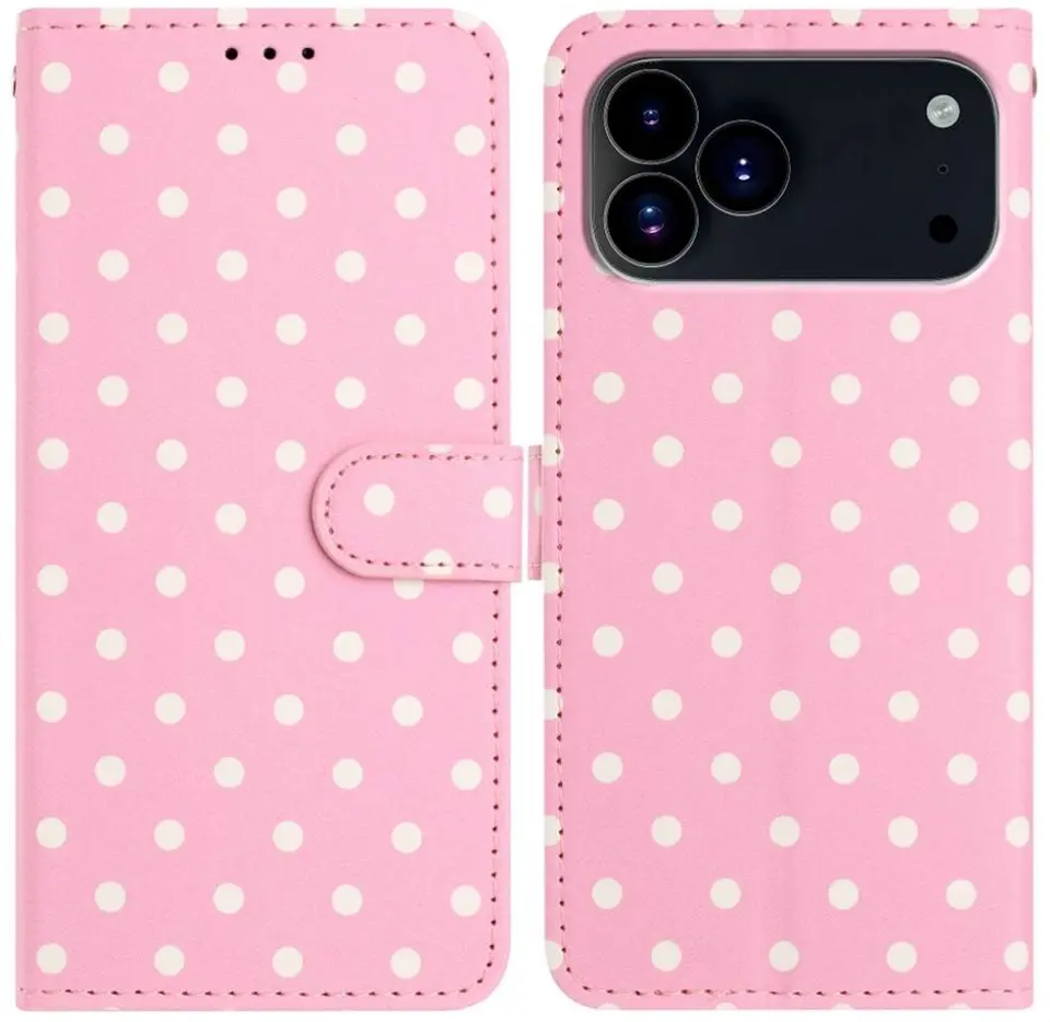 Apple iPhone 17 Pro Hoesje Portemonnee Book Case Polka Dot Roze afbeelding 1