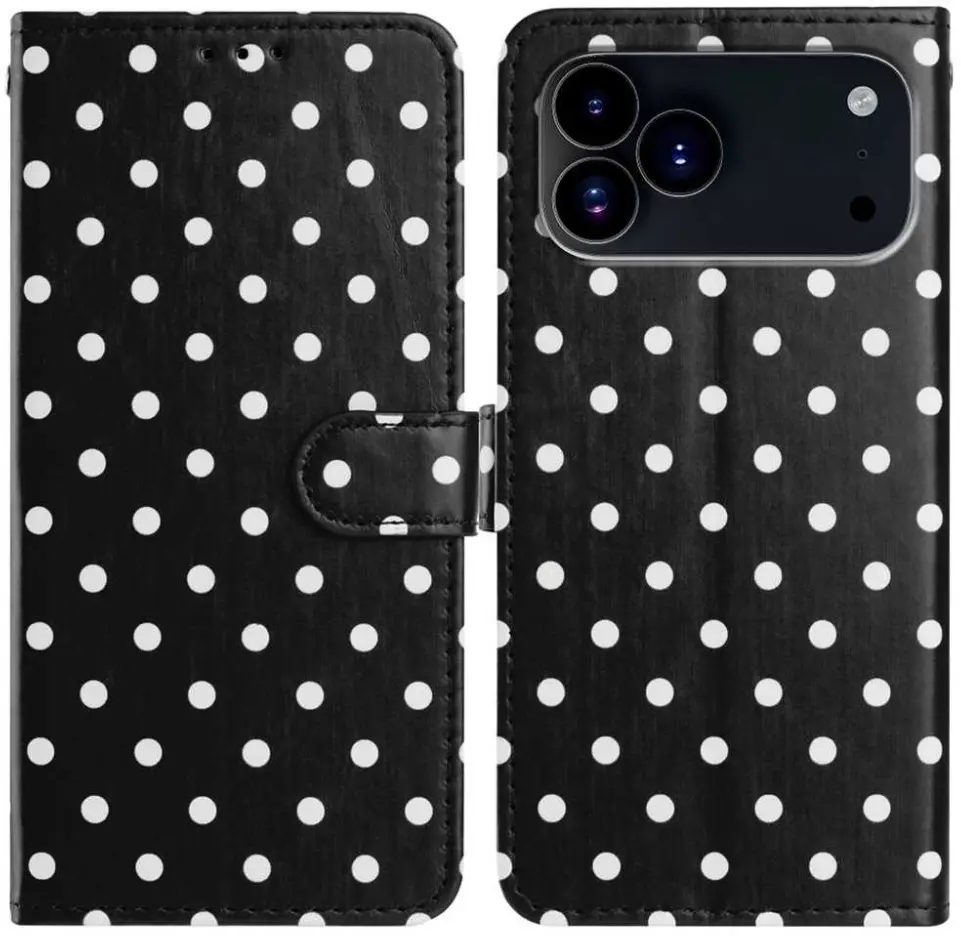 Apple iPhone 17 Pro Max Hoesje Portemonnee Book Case Polka Dot Zwart afbeelding 1
