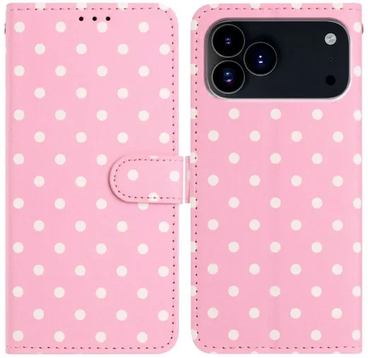 Apple iPhone 17 Pro Max Hoesje Portemonnee Book Case Polka Dot Roze afbeelding 1