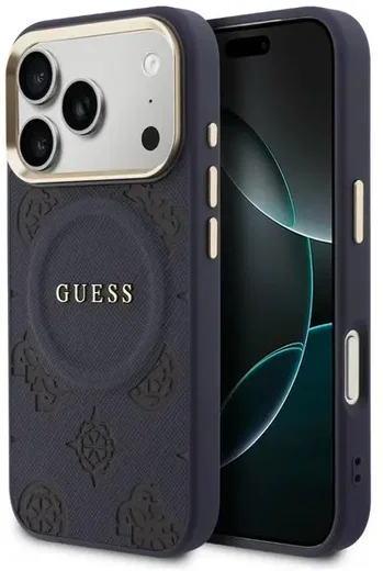 Guess Peony Hot Stamp iPhone 17 Pro Hoesje MagSafe Back Cover Blauw afbeelding 1