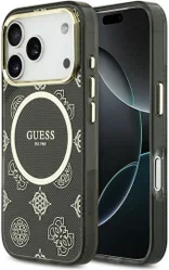 Guess Peony Hot Stamp iPhone 17 Pro Hoesje MagSafe Back Cover Goud Zwart afbeelding
