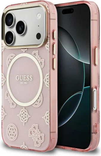 Guess Peony Hot Stamp iPhone 17 Pro Hoesje MagSafe Back Cover Goud Roze afbeelding 1