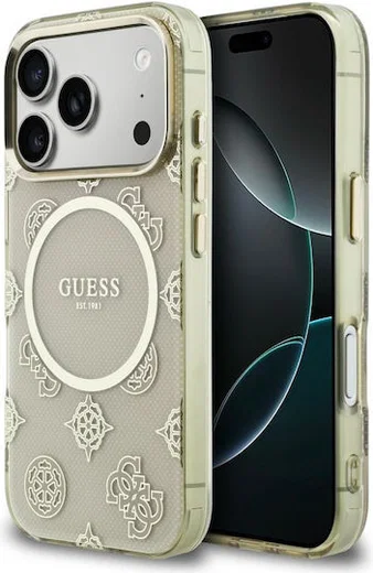 Guess Peony Hot Stamp iPhone 17 Pro Hoesje MagSafe Back Cover Goud Beige afbeelding 1