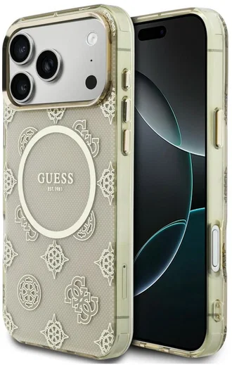 Guess Peony Hot Stamp iPhone 17 Pro Max Hoesje MagSafe Back Cover Goud Beige afbeelding 1
