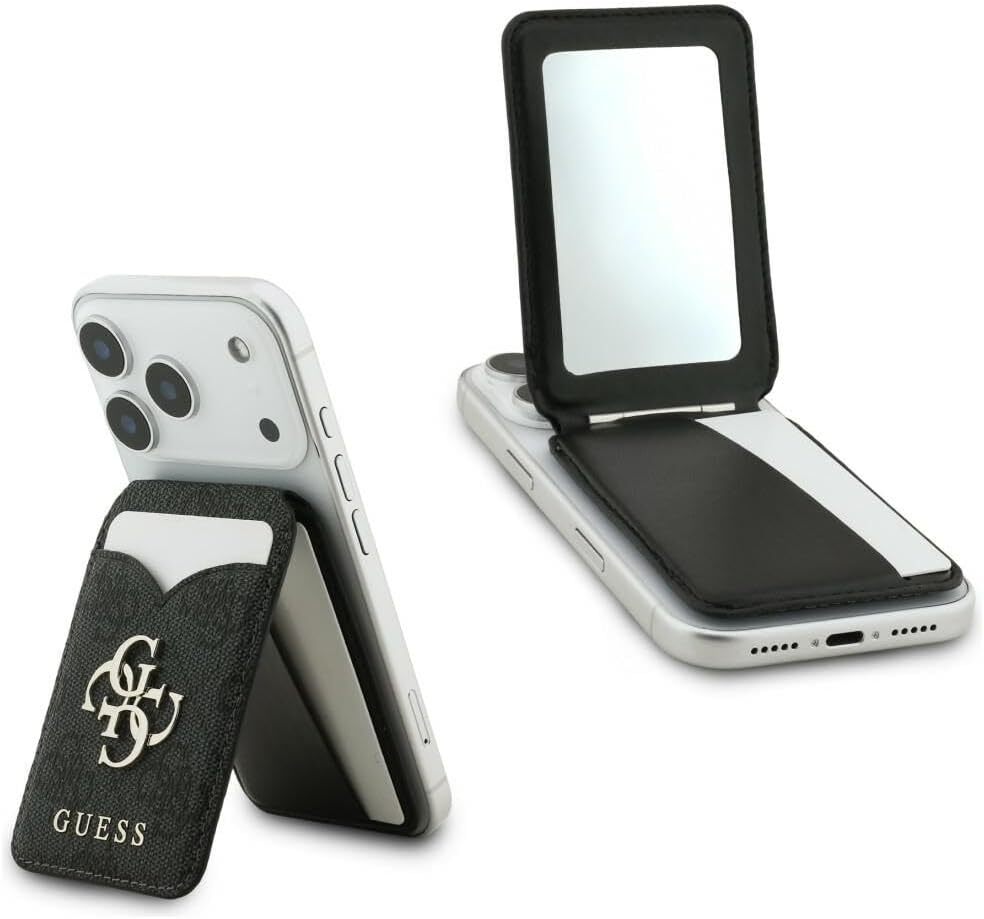 Guess 4G Classic MagSafe Pasjeshouder met Standaard & Spiegel PU-Leer Zwart afbeelding 1