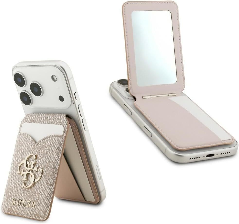 Guess 4G Classic MagSafe Pasjeshouder met Standaard & Spiegel PU-Leer Roze afbeelding 1