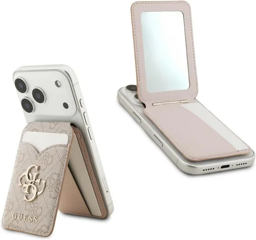 Guess 4G Classic MagSafe Pasjeshouder met Standaard & Spiegel PU-Leer Roze afbeelding 1