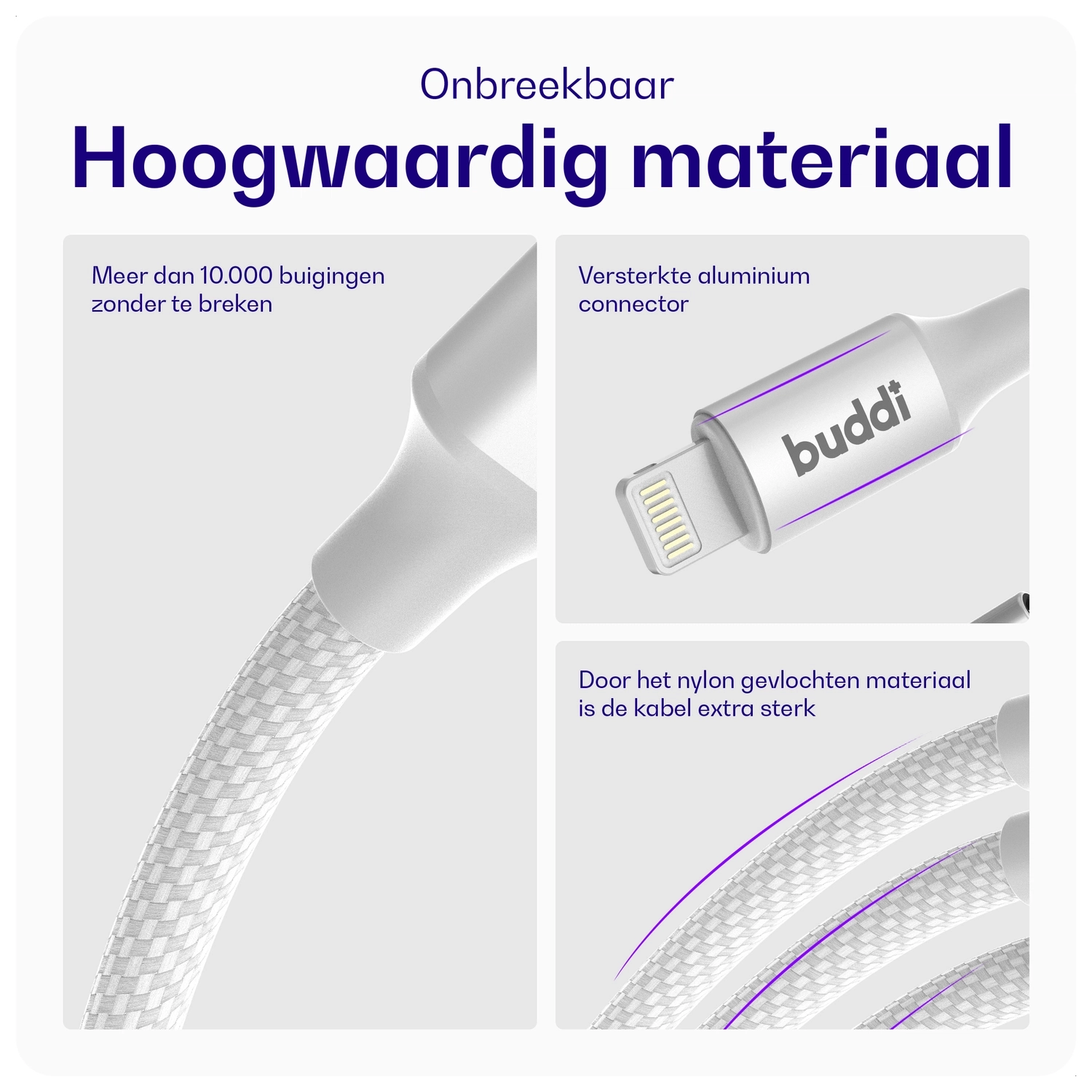 Set van 8 stuks 30cm Buddi Flex USB-A naar Lightning kabel Wit afbeelding 9