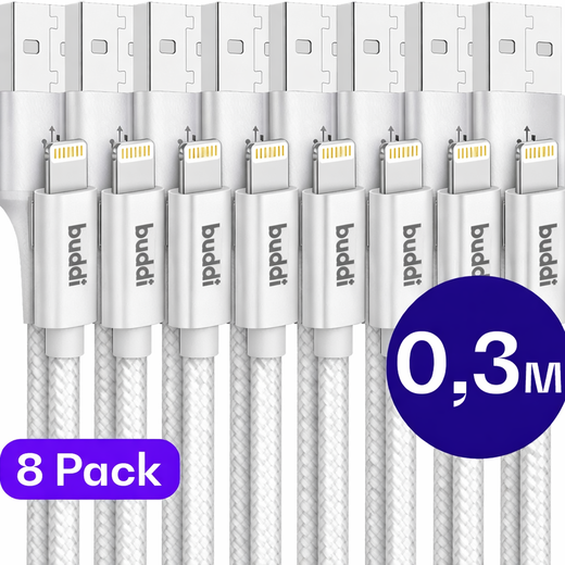 Set van 8 stuks 30cm Buddi Flex USB-A naar Lightning kabel Wit afbeelding 1