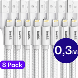 Set van 8 stuks 30cm Buddi Flex USB-A naar Lightning kabel Wit afbeelding