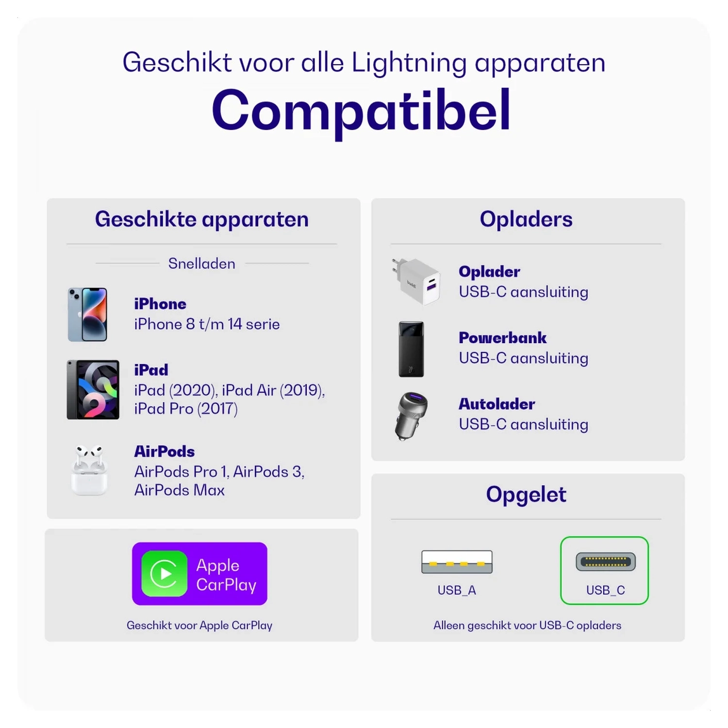 Set van 8 stuks 30cm Buddi Flex USB-C naar Lightning kabel Wit afbeelding 7