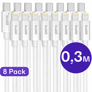 Set van 8 stuks 30cm Buddi Flex USB-C naar Lightning kabel Wit