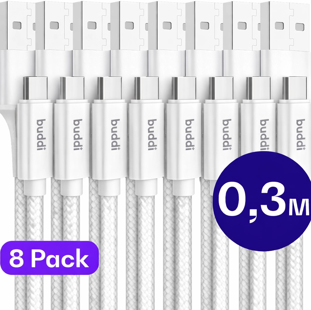 Set van 8 stuks 30cm Buddi Flex USB-A naar USB-C kabel Wit afbeelding 1