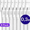 Set van 8 stuks 30cm Buddi Flex USB-A naar USB-C kabel Wit