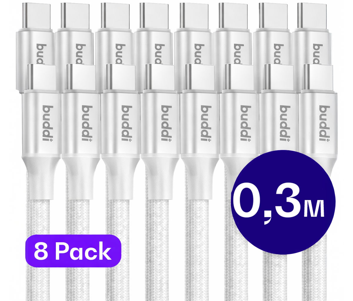 Set van 8 stuks 30cm Buddi Flex USB-C naar USB-C Kabel 60W Wit afbeelding 1