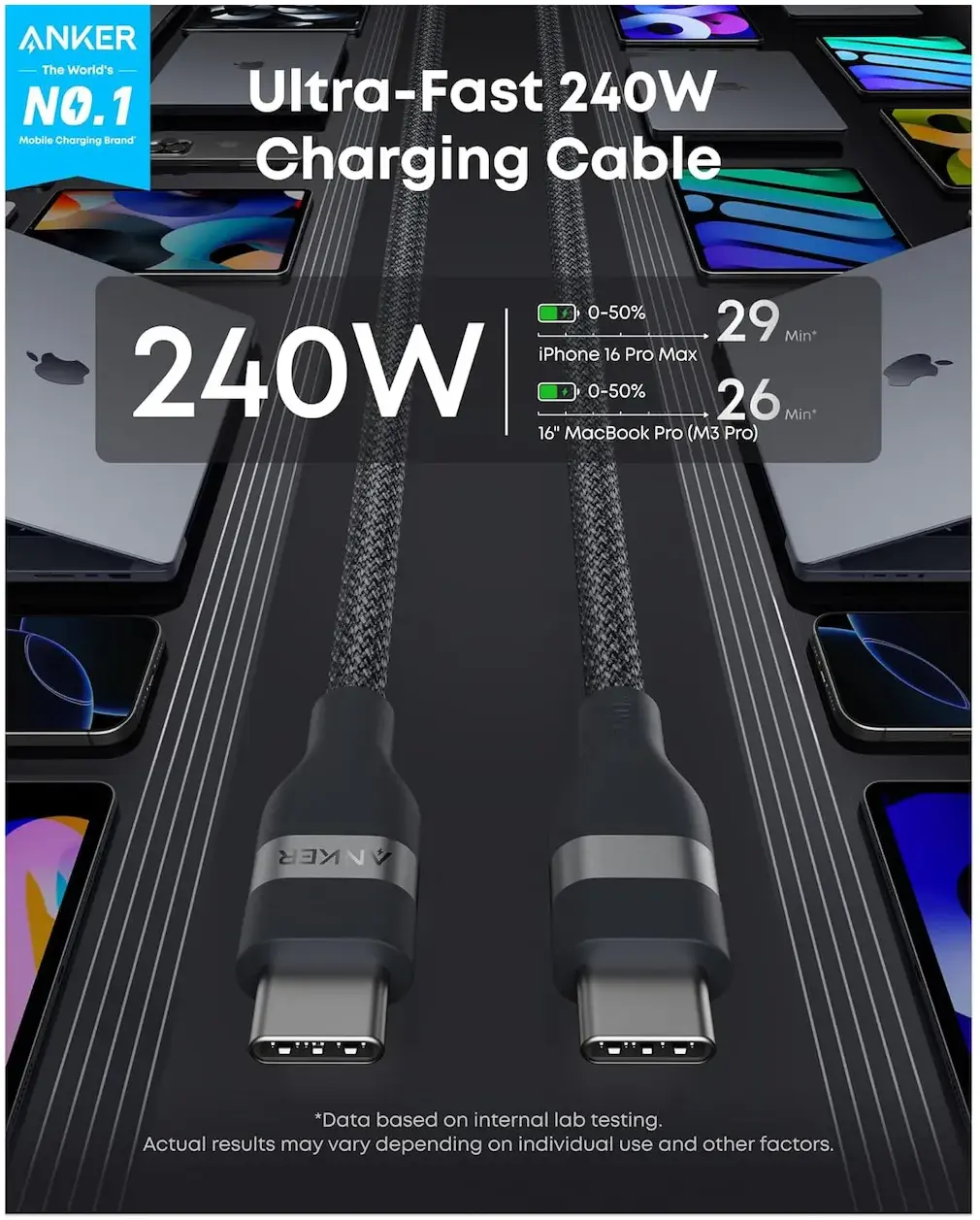 Anker USB-C naar USB-C Kabel 240W 0,9 Meter Gevlochten - Zwart afbeelding 2