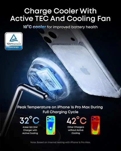 Anker Prime 3‑in‑1 Draadloze Oplader 25W Qi 2.2 met Koeltechnologie Zwart afbeelding 4