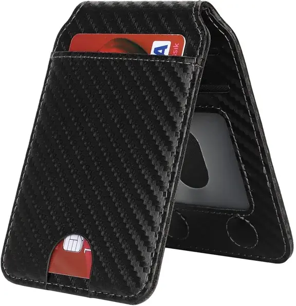 SBG MagSafe Pasjeshouder met Standaard Kunst Leer Carbon Fiber Design Zwart afbeelding 2