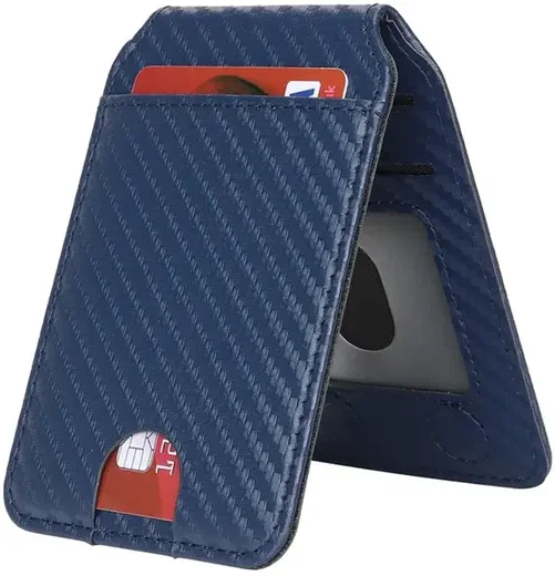 SBG MagSafe Pasjeshouder met Standaard Kunst Leer Carbon Fiber Design Blauw afbeelding 12