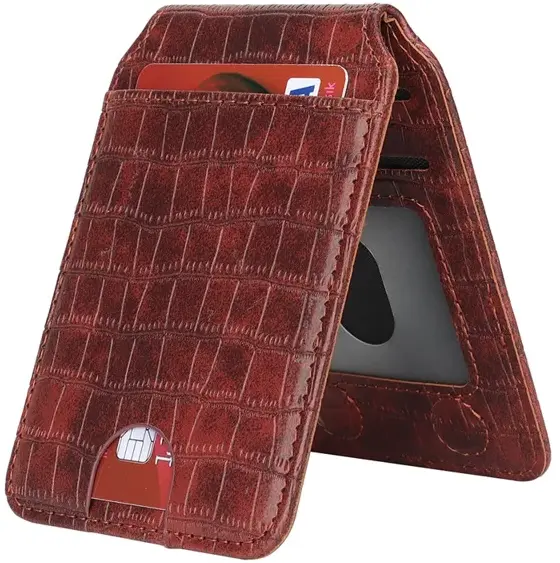 SBG MagSafe Pasjeshouder met Standaard Kunst Leer Crocodile Design Donkerbruin afbeelding 3