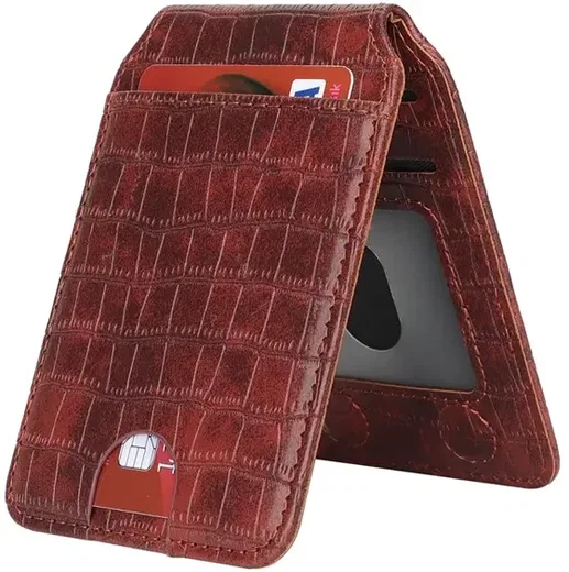 SBG MagSafe Pasjeshouder met Standaard Kunst Leer Crocodile Design Donkerbruin afbeelding 3