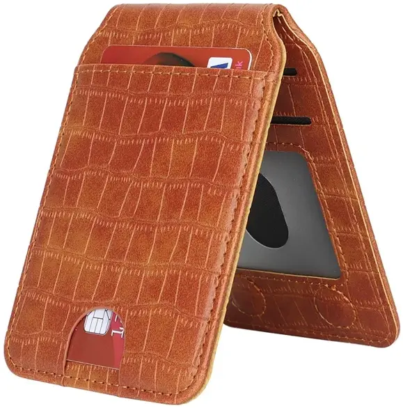 SBG MagSafe Pasjeshouder met Standaard Kunst Leer Crocodile Design Bruin afbeelding 3