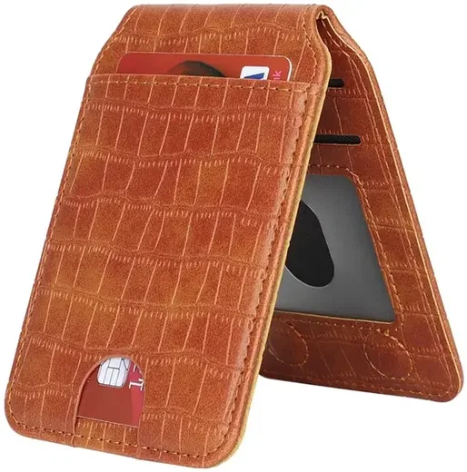 SBG MagSafe Pasjeshouder met Standaard Kunst Leer Crocodile Design Bruin afbeelding 3