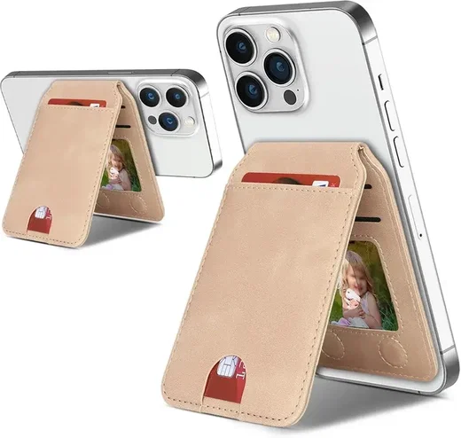 SBG MagSafe Pasjeshouder met Standaard Kunst Leer Skin Touch Design Beige afbeelding 2