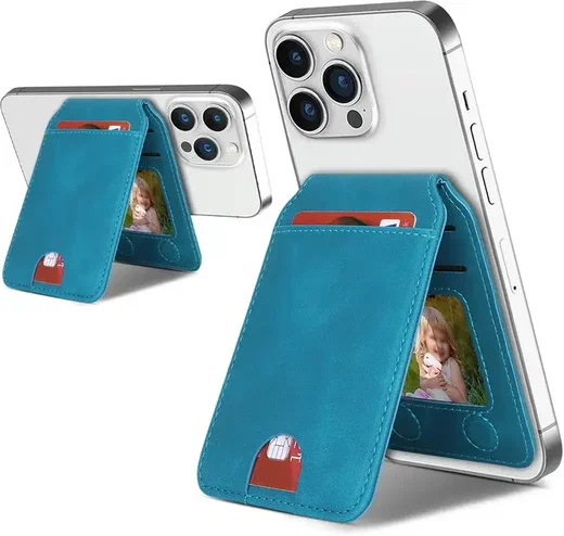 SBG MagSafe Pasjeshouder met Standaard Kunst Leer Skin Touch Design Blauw afbeelding 2