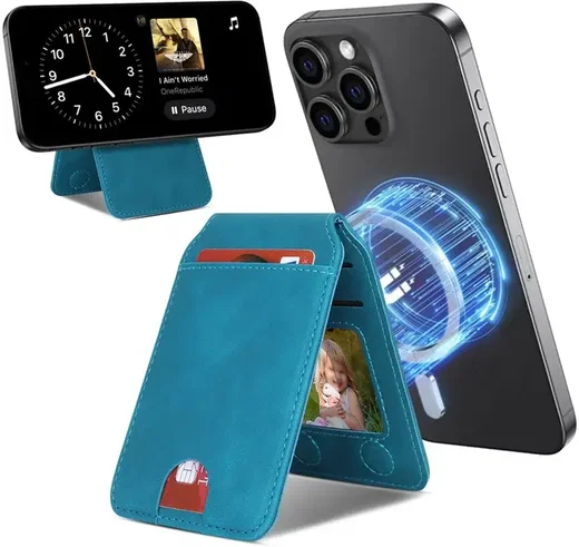 SBG MagSafe Pasjeshouder met Standaard Kunst Leer Skin Touch Design Blauw afbeelding 1