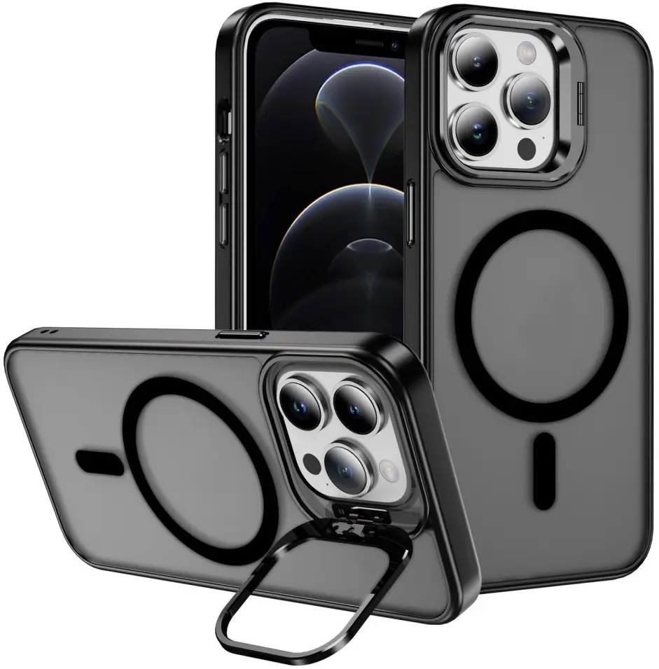 Apple iPhone 12 / 12 Pro Hoesje MagSafe Back Cover met Camera Stand Zwart afbeelding 1