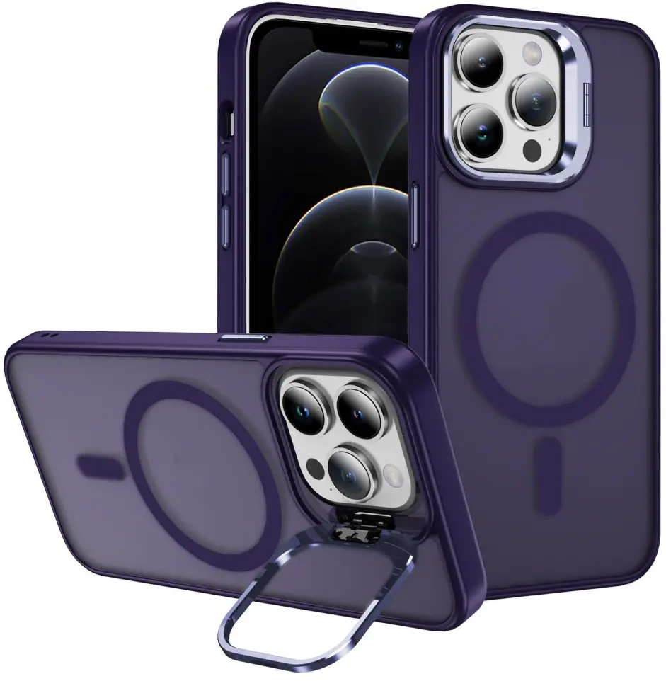 Apple iPhone 12 / 12 Pro Hoesje MagSafe Back Cover met Camera Stand Paars afbeelding 1