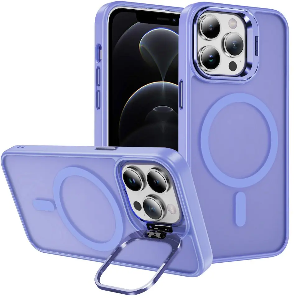 Apple iPhone 12 / 12 Pro Hoesje MagSafe Back Cover met Camera Stand Licht Paars afbeelding 1