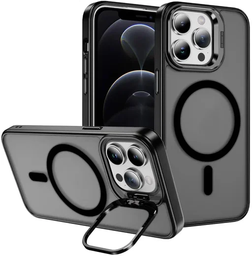 Apple iPhone 12 Pro Max Hoesje MagSafe Back Cover met Camera Stand Zwart afbeelding 1