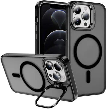 Apple iPhone 12 Pro Max Hoesje MagSafe Back Cover met Camera Stand Zwart